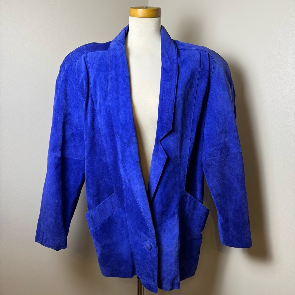 VTG CAYENNE 1980s Oversized 2 Button Suede Blazer w/ Shoulder Pads BLUE / LARGE